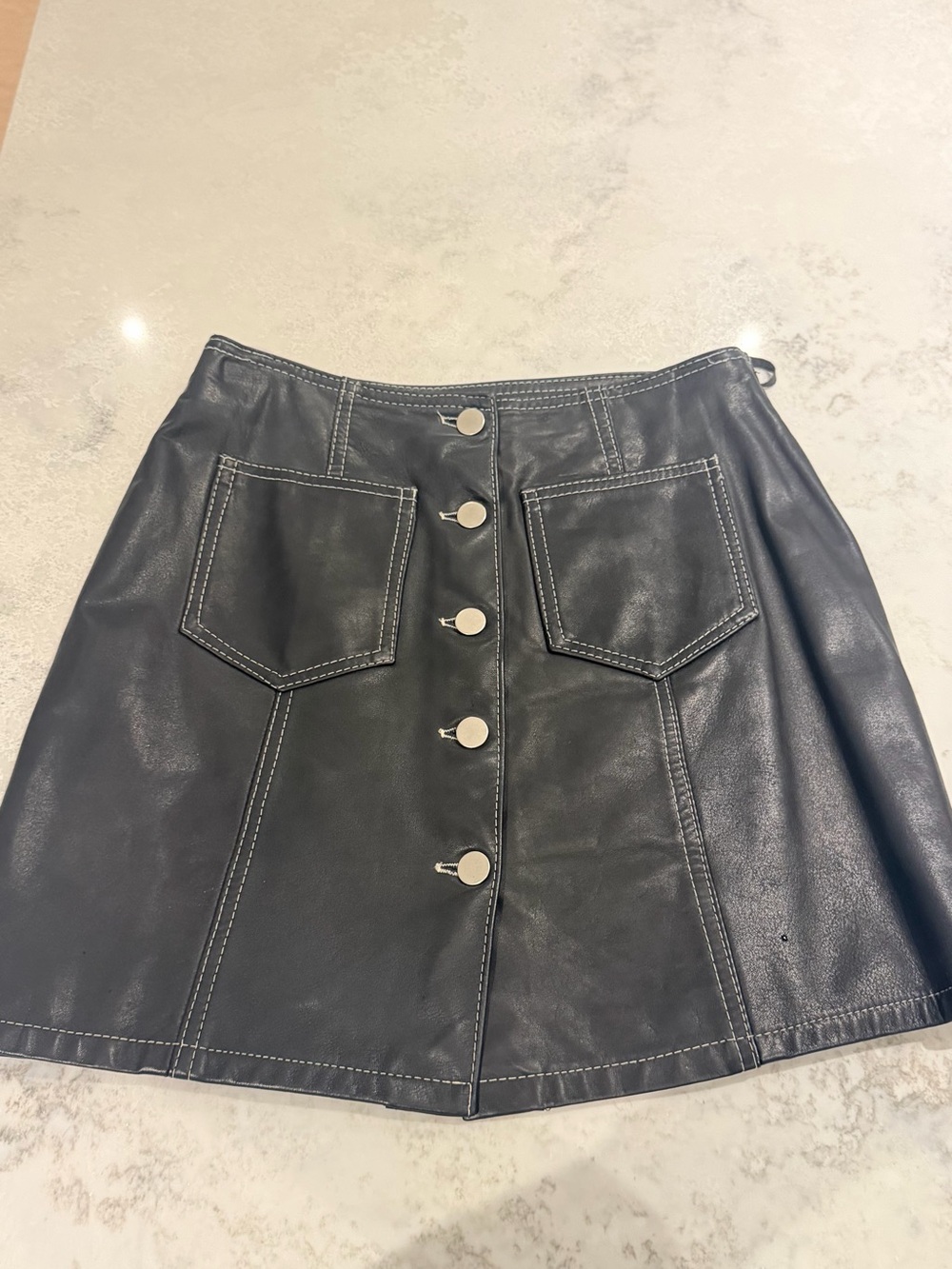 Black Real Leather Button-Front A-Line Mini Skirt